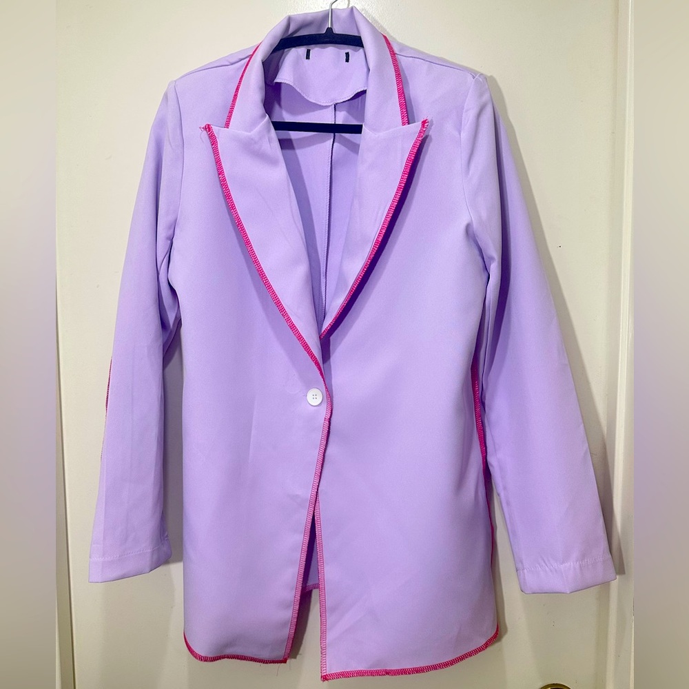 Purple One Button Tuxedo Blazer w/pink outside trim stitching size small